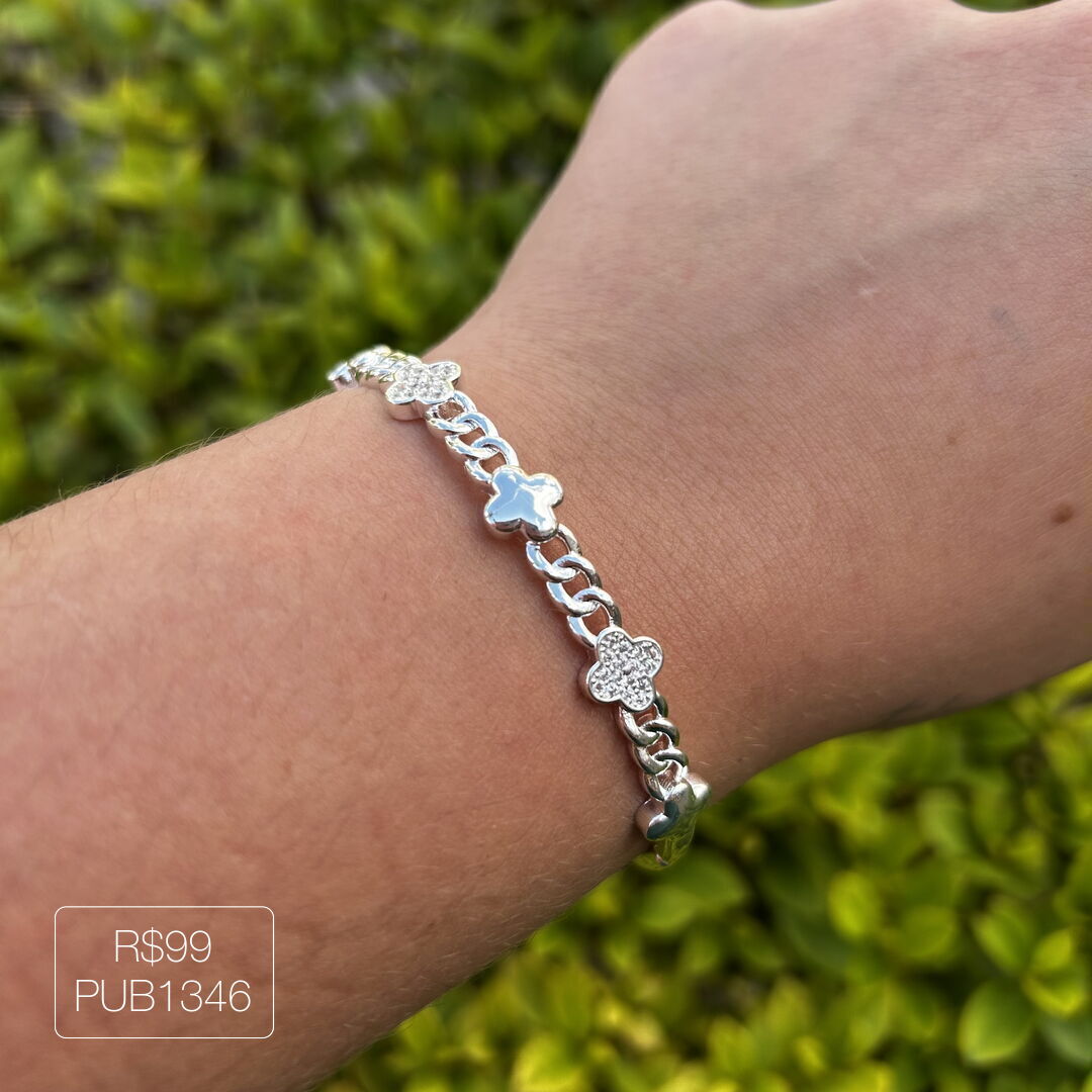 Bracelete Trevo Cravejado e Liso Corrente Cristal Prateado